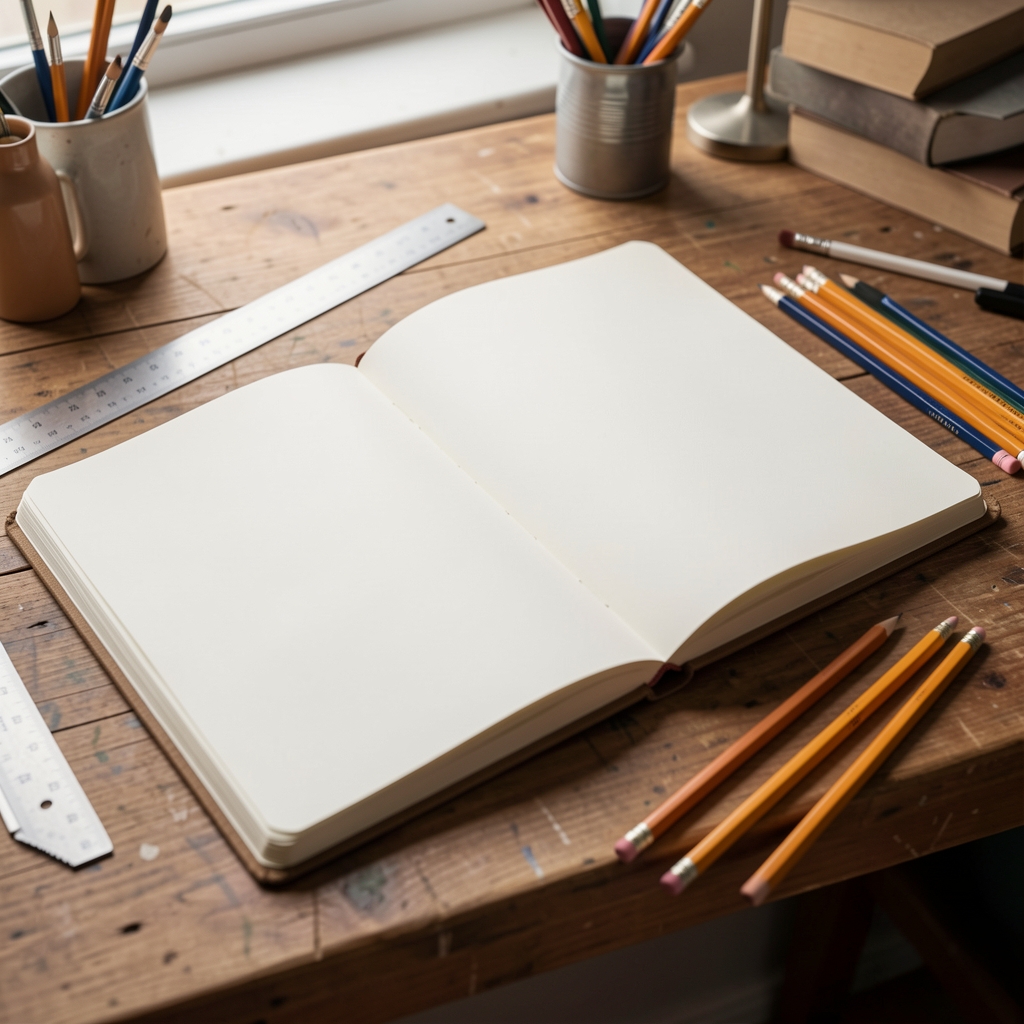 Cuaderno de dibujo abierto con páginas limpias, regla y lápices ordenados en una mesa de estudio