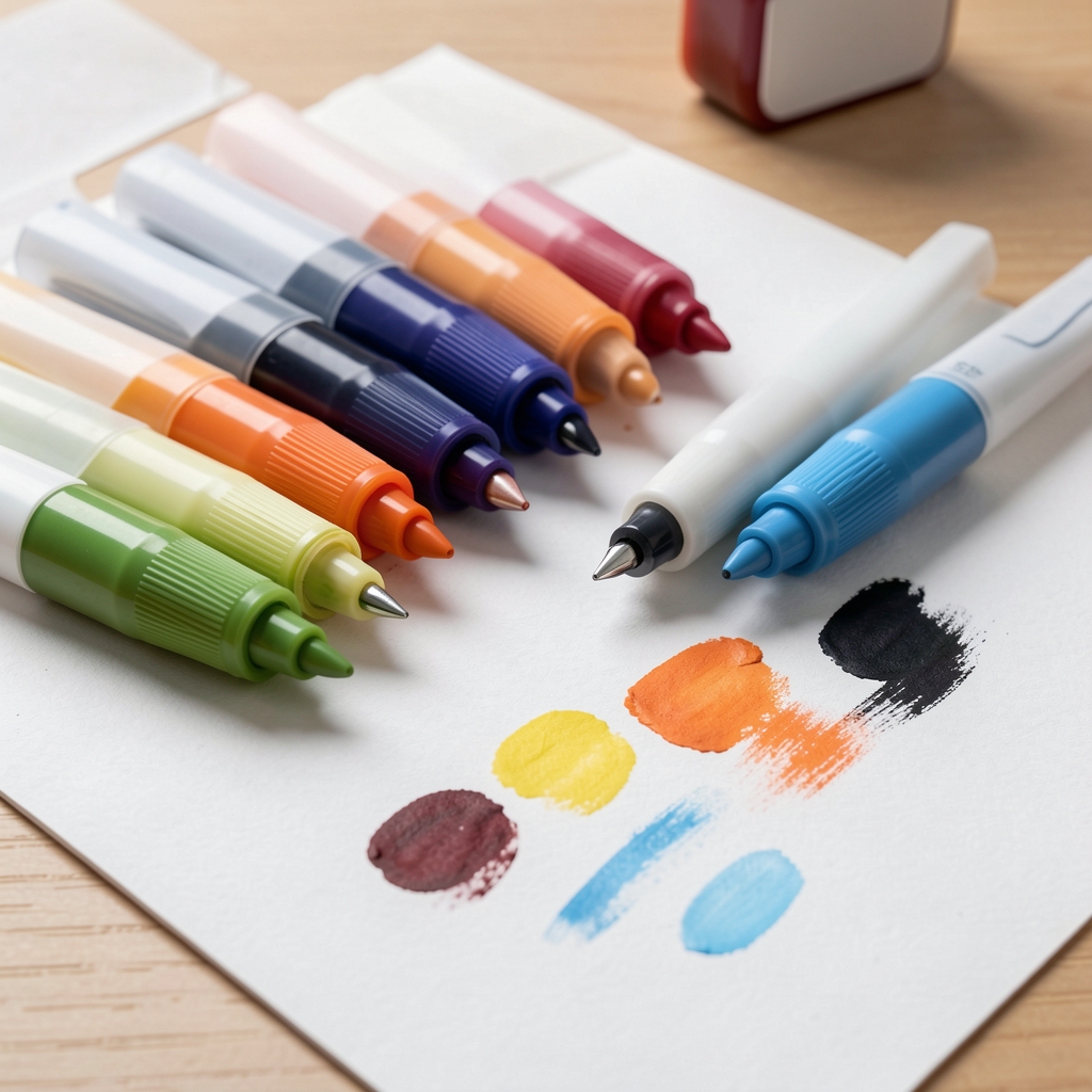 Marcadores de puntas dobles ordenados por color junto a muestras de tinta sobre papel