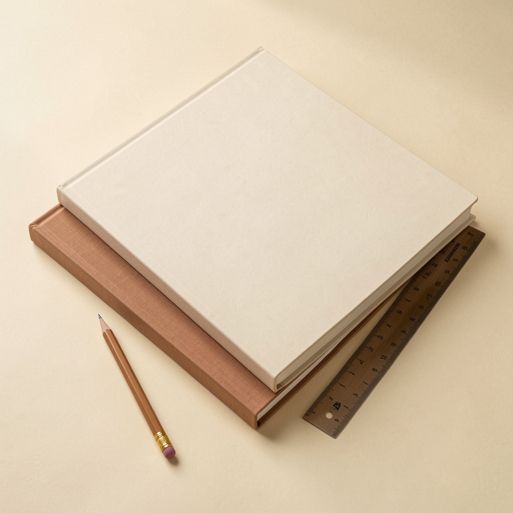 Cuadernos de dibujo A5 y A4 apilados junto a lápiz y regla sobre papel crema