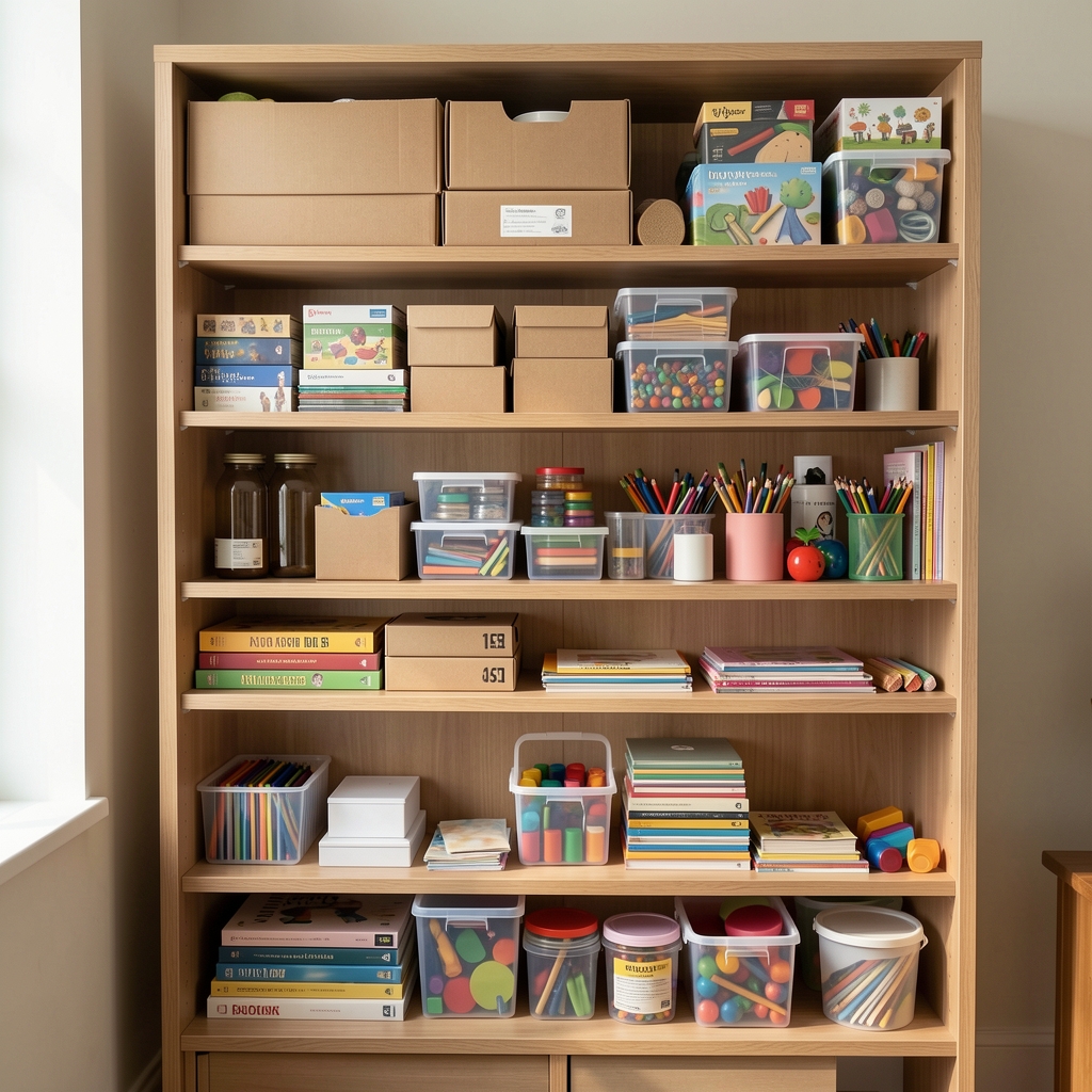 Estante doméstico con cajas y estuches para materiales creativos clasificados sin personas