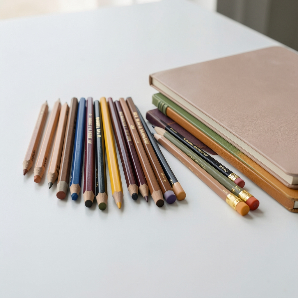 Lápices de grafito y cuadernos de dibujo ordenados por dureza y formato sobre mesa clara
