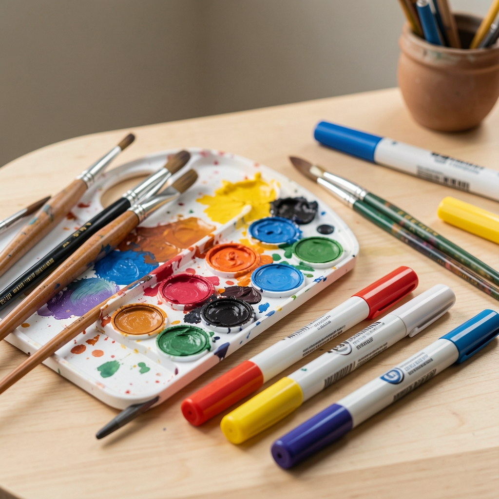 Pinceles, paleta de pintura y marcadores dispuestos en una composición de estudio sin personas