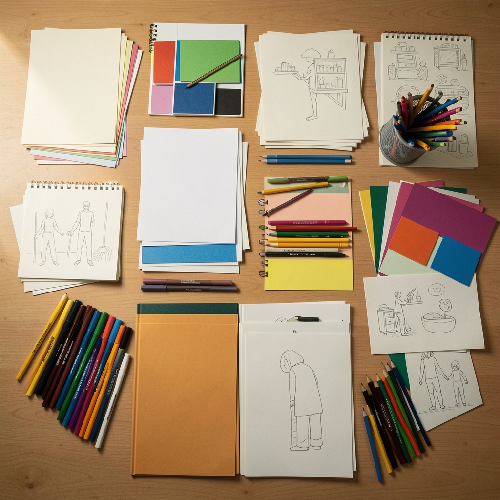 Vista cenital de materiales de dibujo separados en grupos de papel, color y organización sin personas