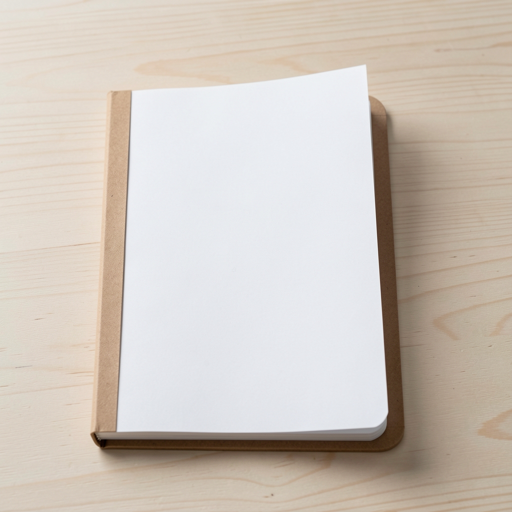 Cuaderno de dibujo A5 con tapa kraft y hojas blancas sobre superficie de madera clara