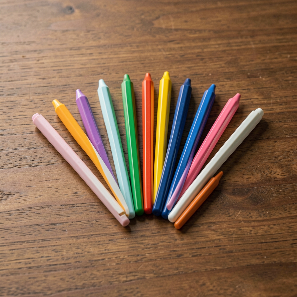 Set de marcadores de doble punta de colores variados dispuestos en abanico sobre mesa de madera