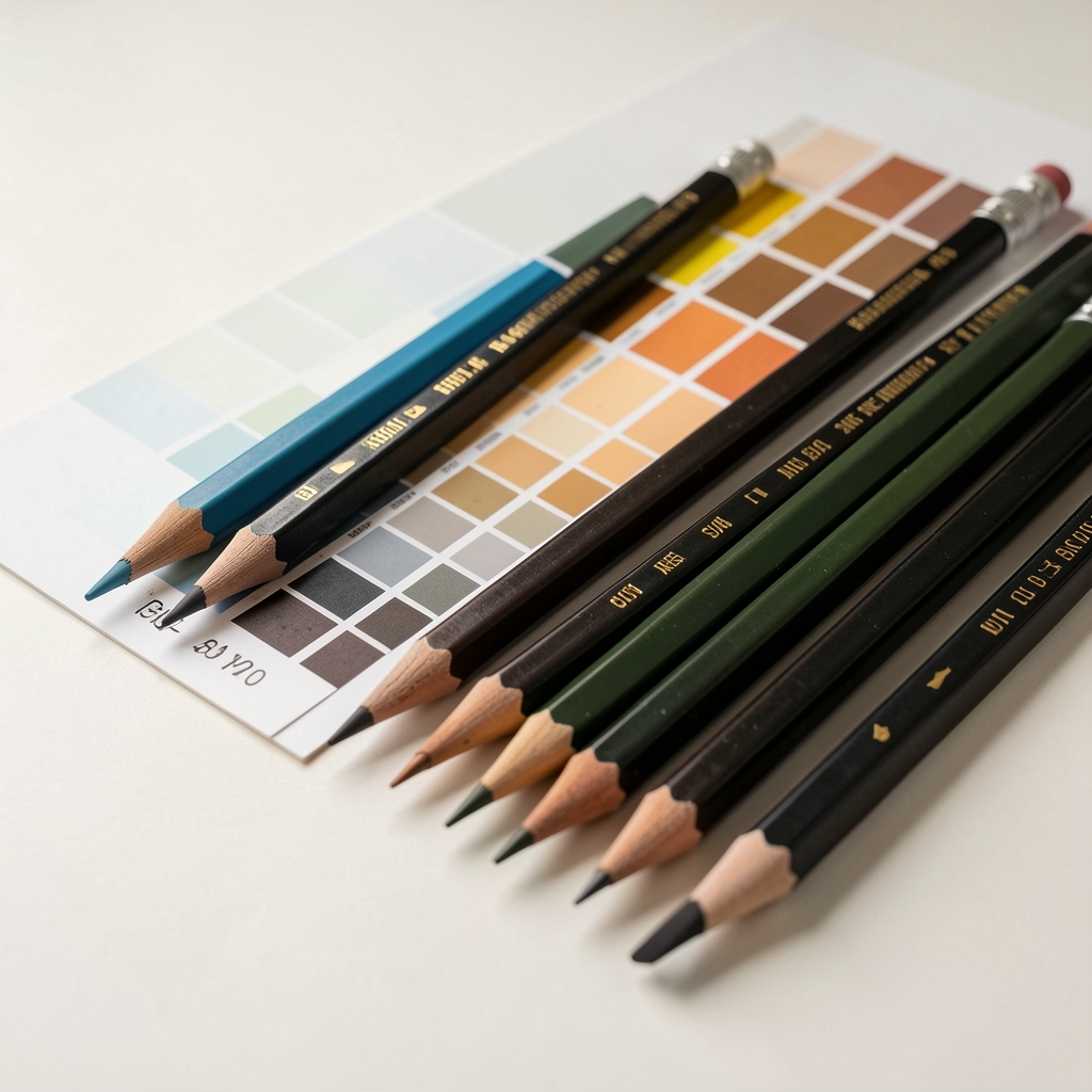 Set de lápices de grafito de durezas variadas junto a una ficha de escala tonal